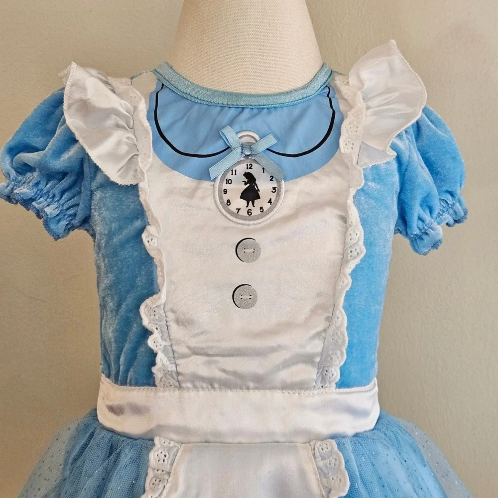 Disney Baby Alice in Wonderland Costume 12/18M Blue Velvet Tulle Set Check Legs